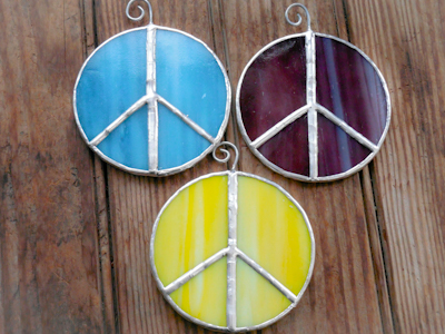 Aqua Purple & Yellow Stained glass peace sign suncatchers on wood
