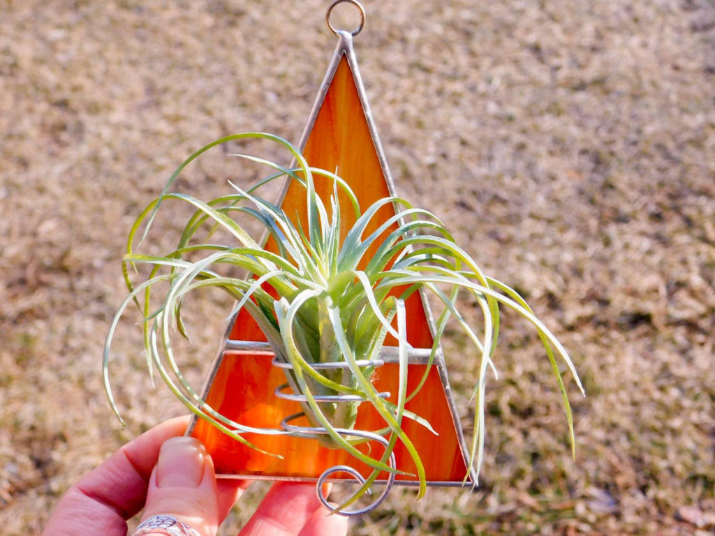 Orange stained glass triangular air plant holder