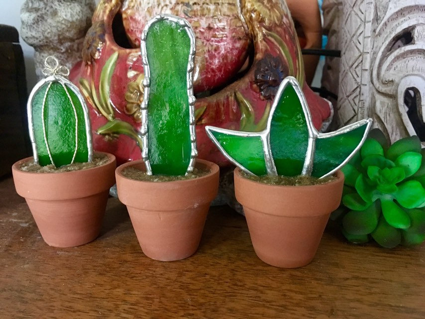 Set of Three Mini Green Stained Glass Cactus Succulents in Terra Cotta Pots - Image 3