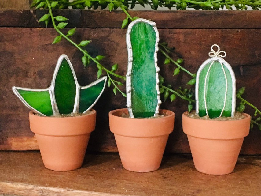 Set of Three Mini Green Stained Glass Cactus Succulents in Terra Cotta Pots - Image 4