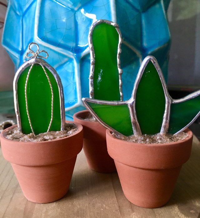 Set of Three Mini Green Stained Glass Cactus Succulents in Terra Cotta Pots - Image 5