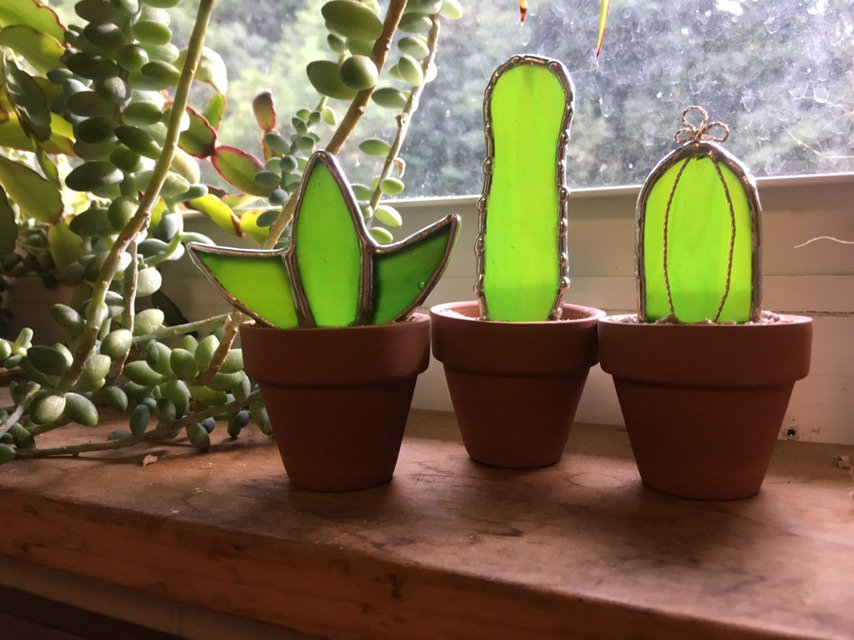 Set of Three Mini Green Stained Glass Cactus Succulents in Terra Cotta Pots - Image 6