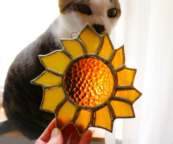cat admiring stained glass sunflower by Mountain Woman Products