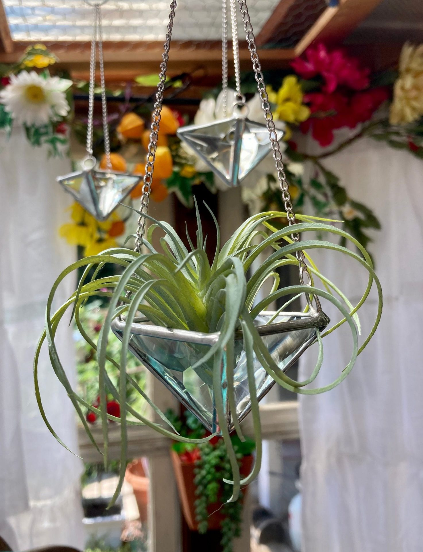 Hanging Air Plant Holder Triangle Pyramid Planter Stained Glass Clear Lead Free Terrarium Suncatcher