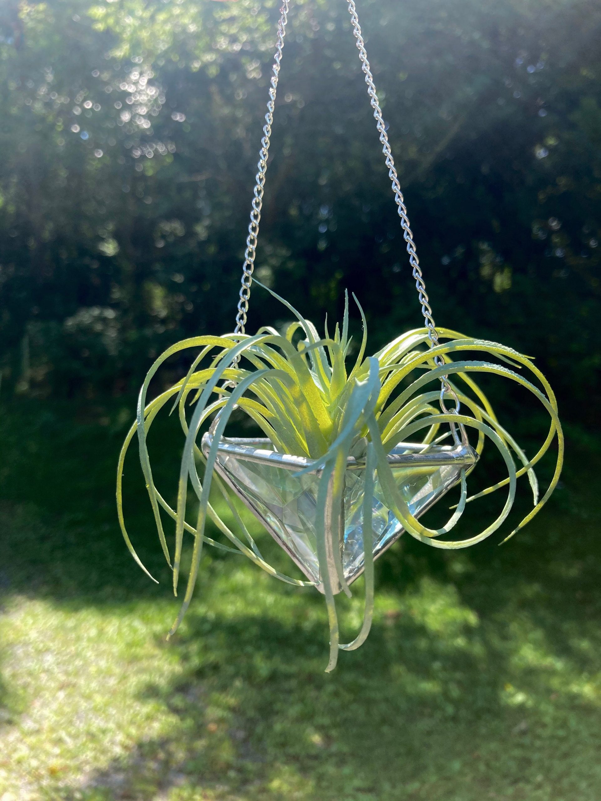 Hanging Air Plant Holder Triangle Pyramid Planter Stained Glass Clear Lead Free Terrarium Suncatcher - Image 4