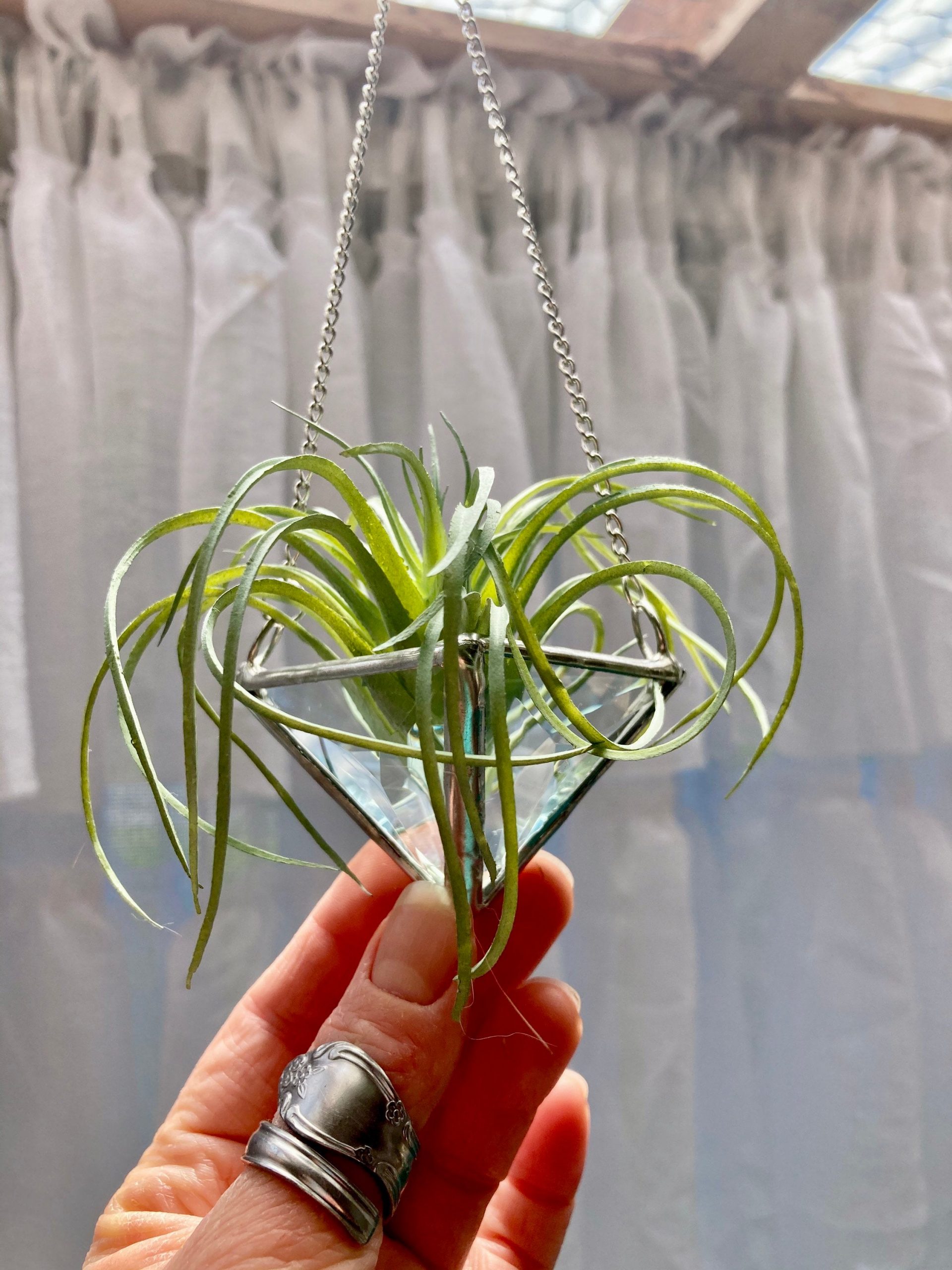 Hanging Air Plant Holder Triangle Pyramid Planter Stained Glass Clear Lead Free Terrarium Suncatcher - Image 6