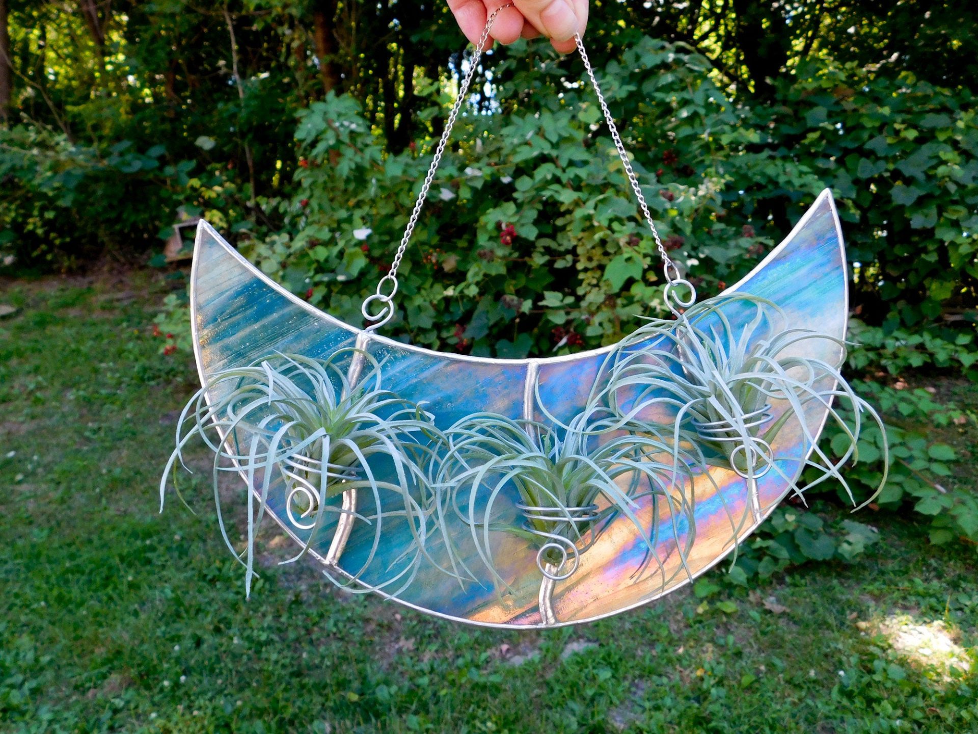 Triple Air Plant Holder Stained Glass Iridescent Turquoise Crescent Moon