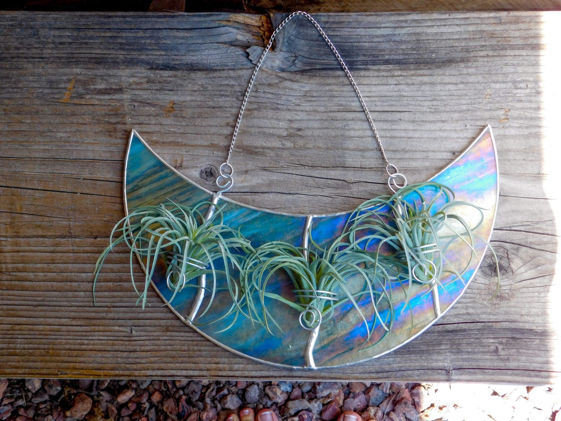 Triple Air Plant Holder Stained Glass Iridescent Turquoise Crescent Moon - Image 2