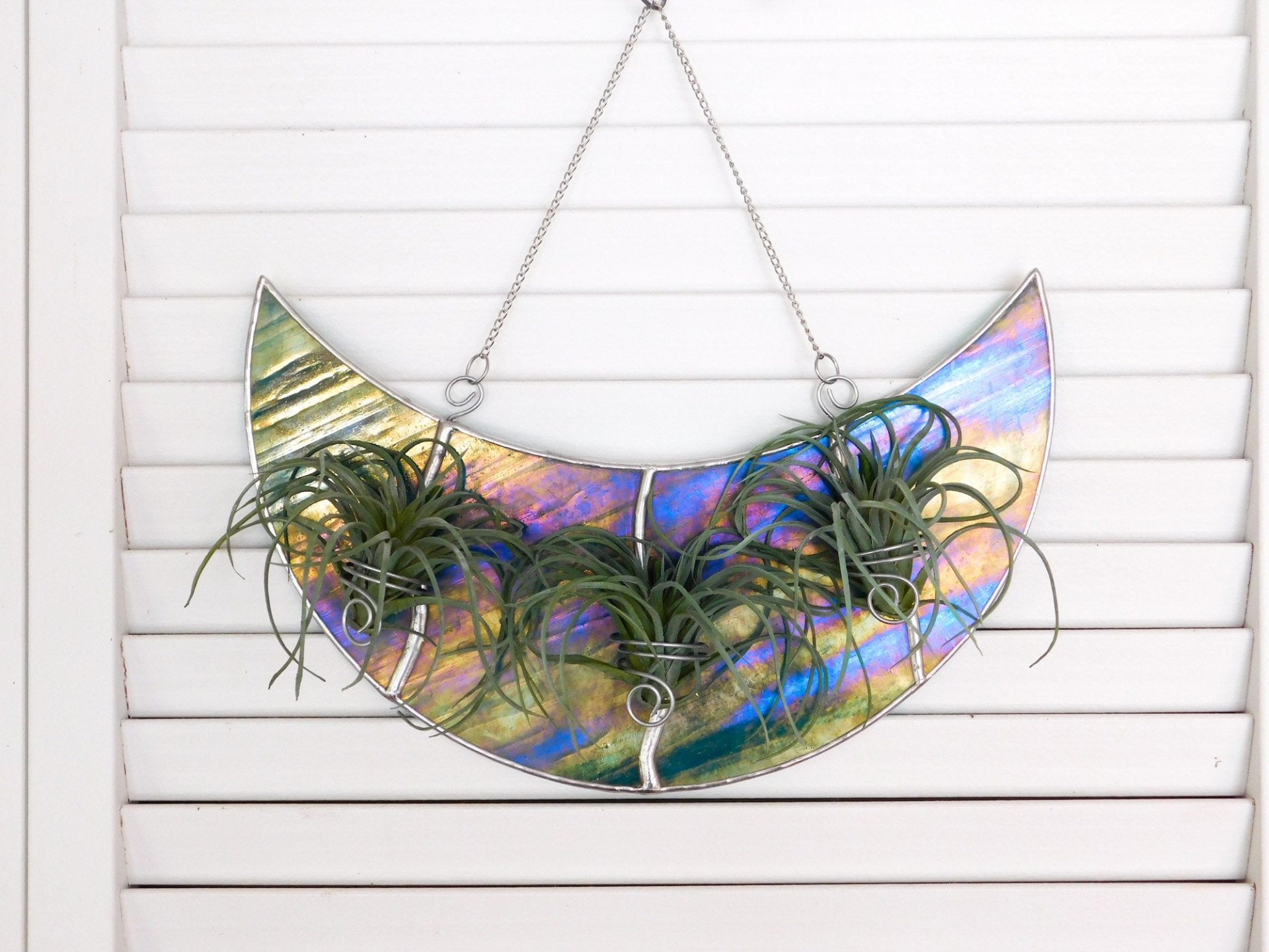Triple Air Plant Holder Stained Glass Iridescent Turquoise Crescent Moon - Image 4
