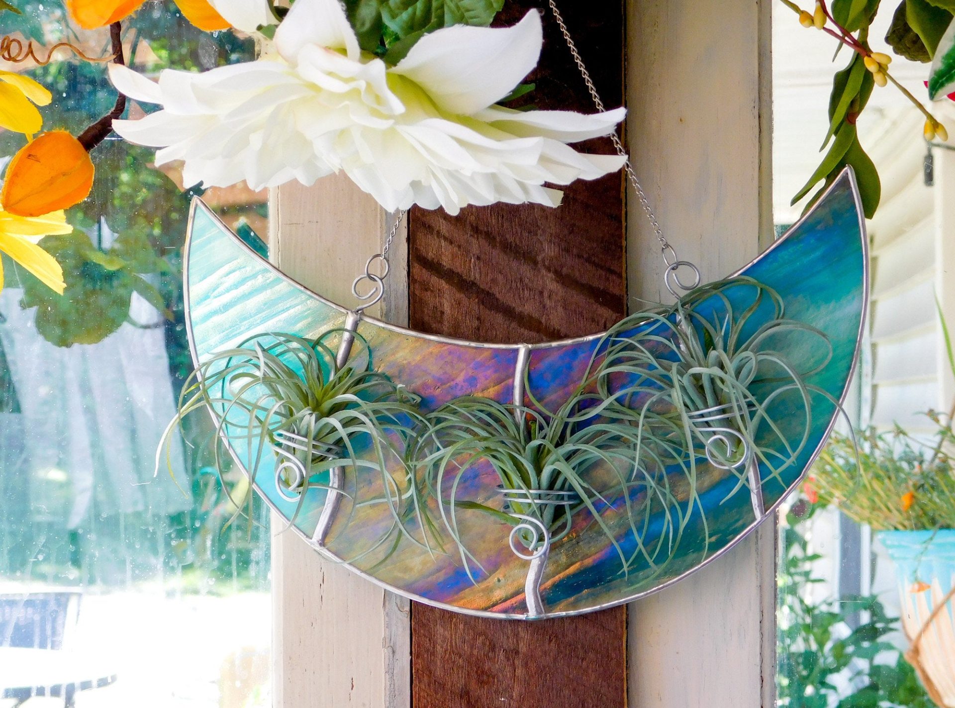 Triple Air Plant Holder Stained Glass Iridescent Turquoise Crescent Moon - Image 6