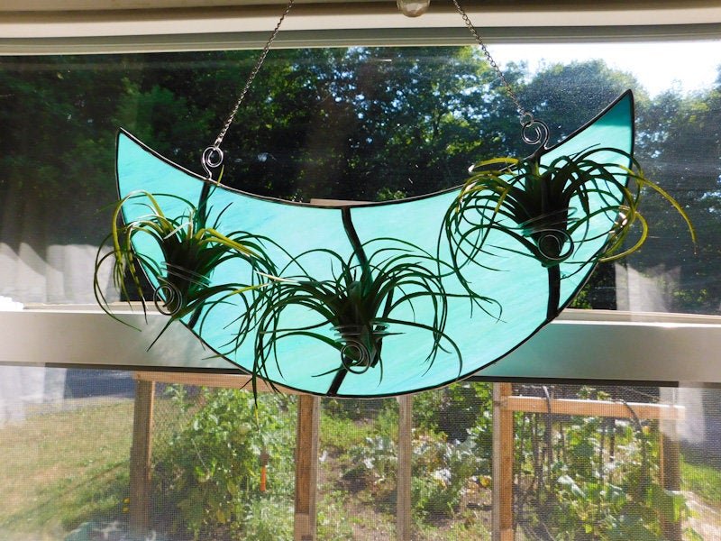 Triple Air Plant Holder Stained Glass Iridescent Turquoise Crescent Moon - Image 7