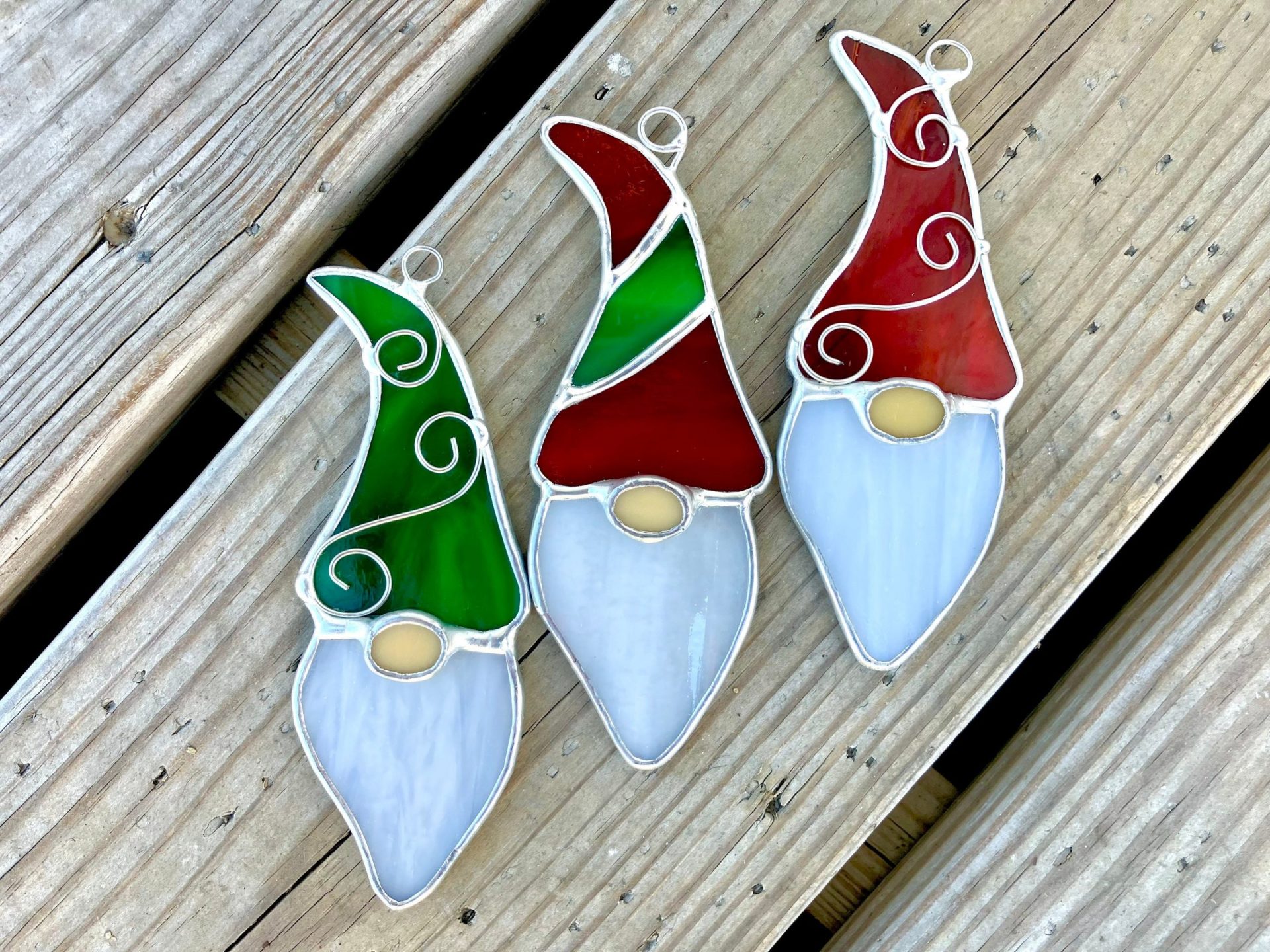 Santa Gnome Stained Glass Christmas Ornaments Set of 3 Lead Free - Image 2