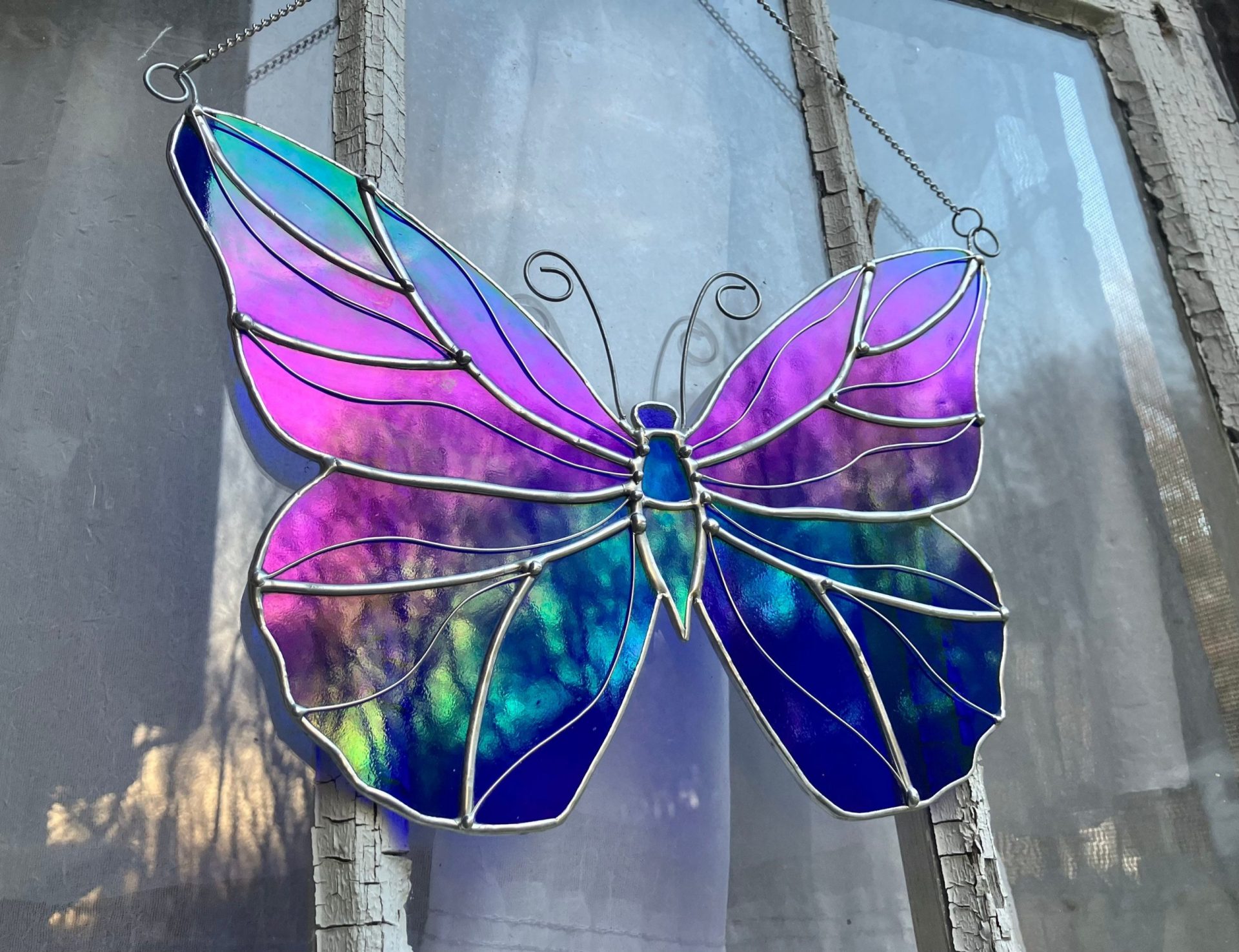 Iridescent Cobalt Blue Stained Glass Butterfly Lead Free Suncatcher - Image 2