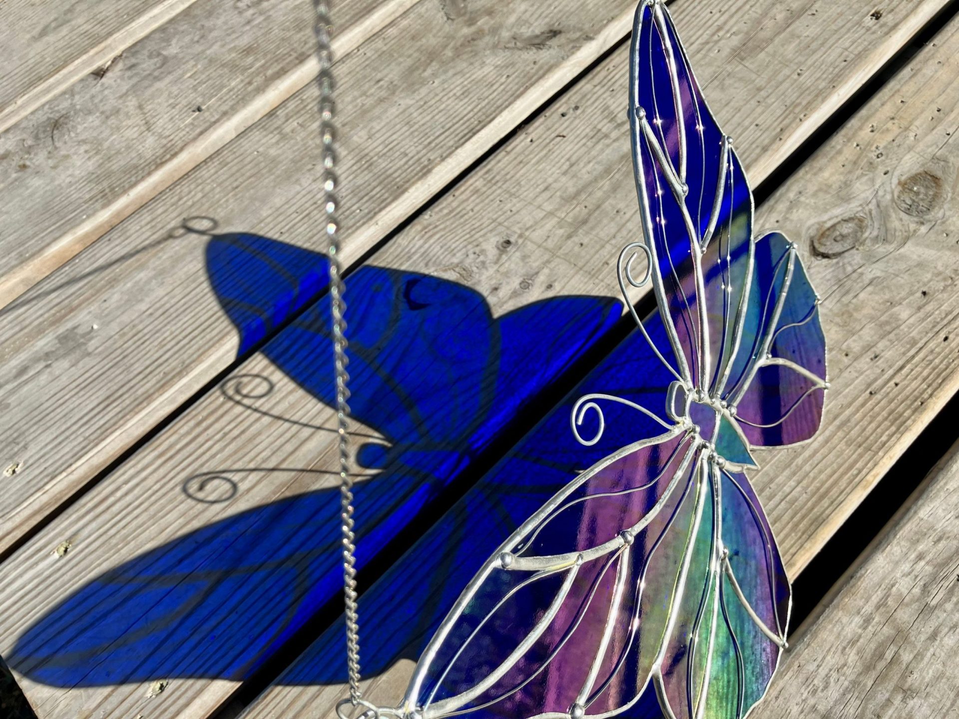 Iridescent Cobalt Blue Stained Glass Butterfly Lead Free Suncatcher - Image 3