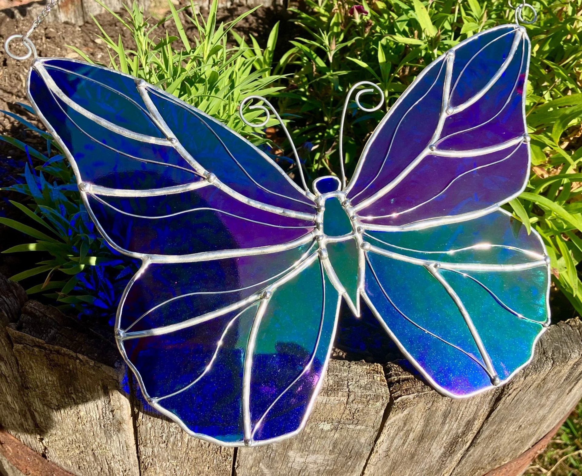 Iridescent Cobalt Blue Stained Glass Butterfly Lead Free Suncatcher - Image 4