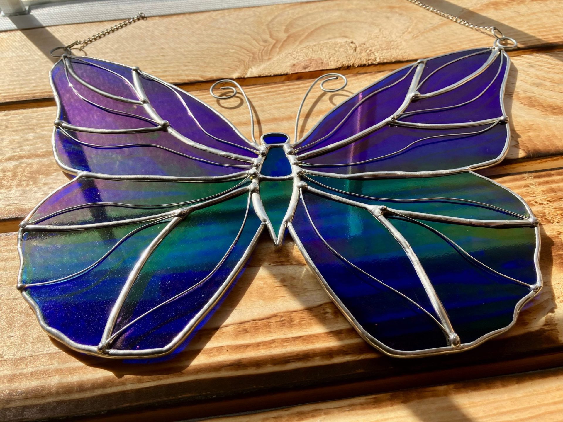 Iridescent Cobalt Blue Stained Glass Butterfly Lead Free Suncatcher - Image 5
