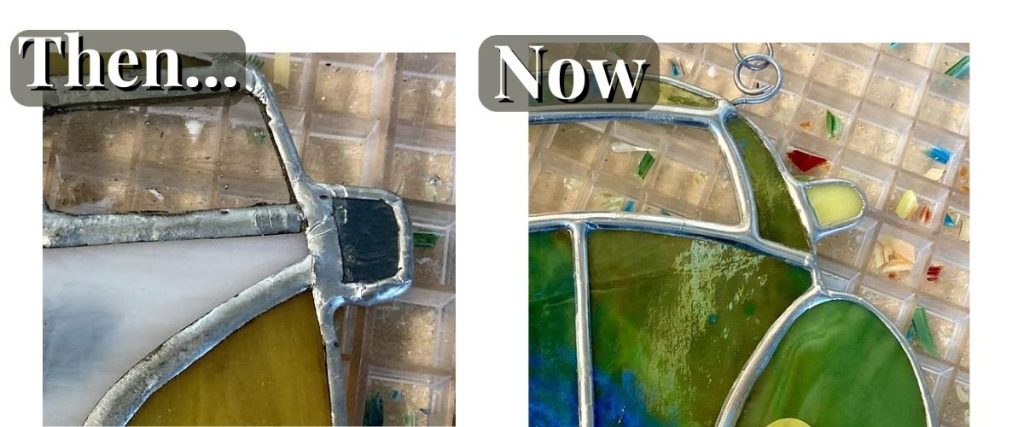 First lumpy bumpy messy piece of stained glass vs nice soldering and cuts and fit now Mountain Woman Products