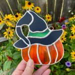 pumpkin with witch hat suncatcher lead free with rudbeckia mountain woman products