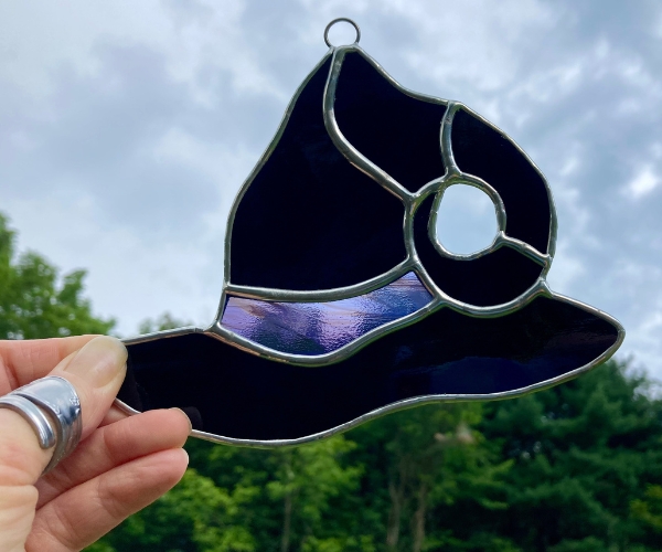 black witch hat with purple band stained glass suncatcher mountain woman products