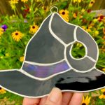 black witch hat with purple band stained glass suncatcher mountain woman products lead free solder