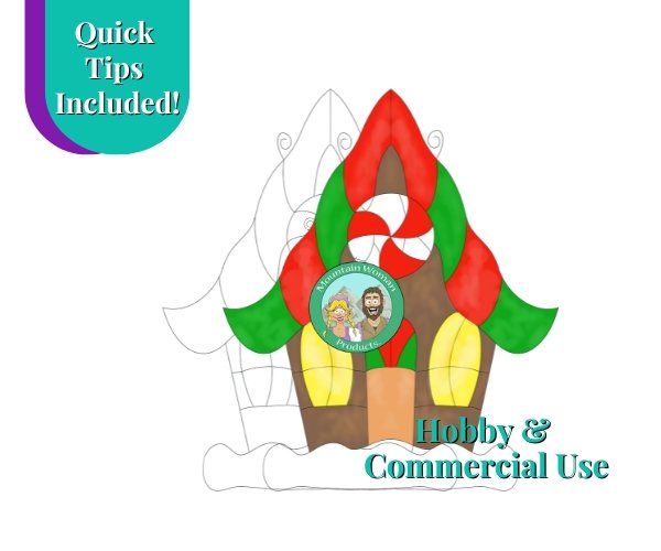 Gingerbread House Christmas Stained Glass Pattern with candy window and multi colored roof Mountain Woman Products