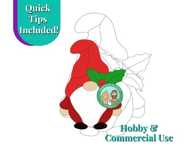 Holly Gnome Stained Glass Pattern with red hat and outfit and holly on hat Mountain Woman Products
