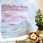 Designer Glass Tutti Frutti Stained Glass Sheet in pink white blue and purple with a plant in front Mountain Woman Products