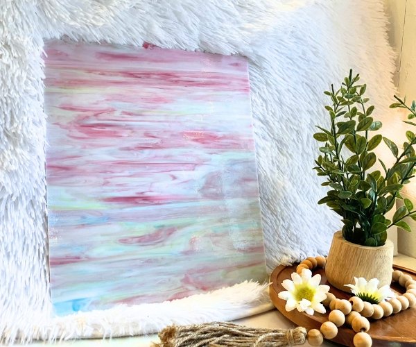 Designer Glass Tutti Frutti Stained Glass Sheet in pink white blue and purple with a plant in front Mountain Woman Products