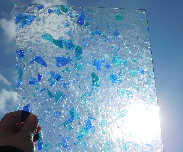 Designer Blue Aqua Fracture Stained Glass Sheet shining in the sunlight Mountain Woman Products
