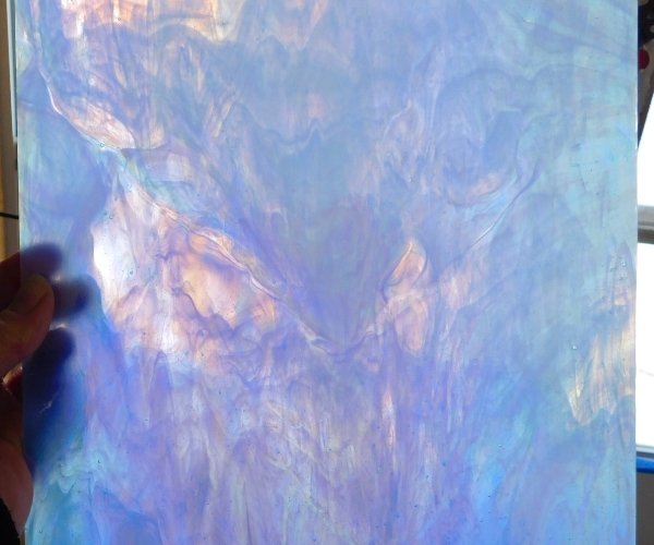 Designer Iridized Blue White Clear Stained Glass Sheet shining in the sunlight Mountain Woman Products