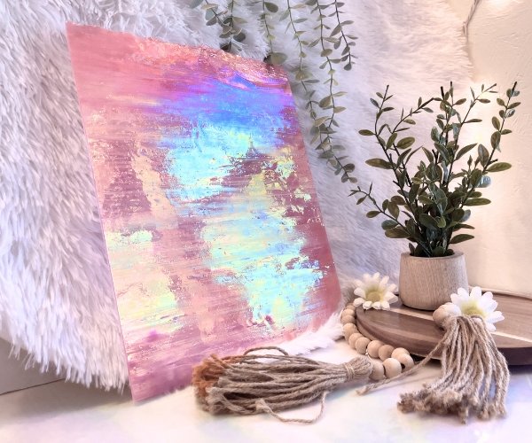 Designer Glass Iridized Pink & White Stained Glass sheet with plant and daisies Mountain Woman Products
