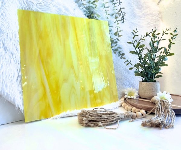 Oceanside Yellow & White Opal Stained Glass Sheet with furry white background and plant Mountain Woman Products