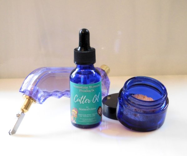 Cutter Oil for Stained Glass in cobalt blue & Jar with sponge and purple glass cutter Mountain Woman Products