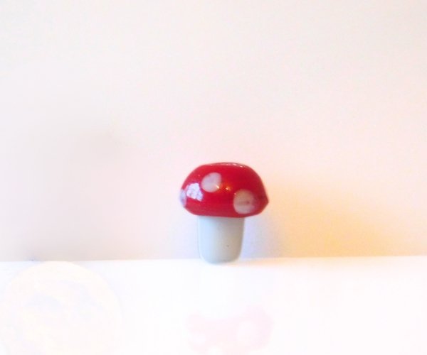 Lampwork glass mushroom bead in red and white Mountain Woman Products
