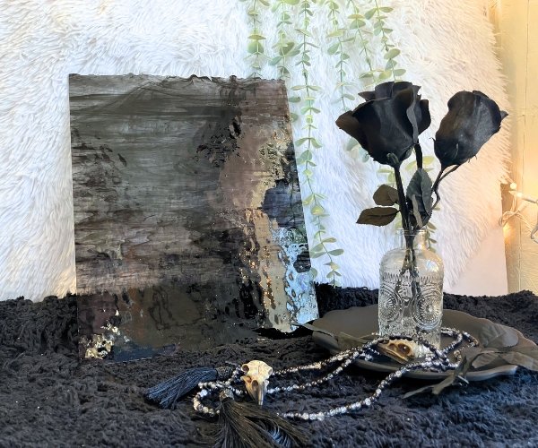 Designer Glass Black Clear Streaky Stained Glass Sheet with black roses in the foreground Mountain Woman Products