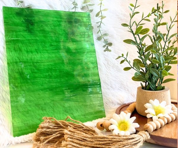 DG1083 Designer Medium Green Wispy Opal Stained Glass Sheet with plant showing opacity Mountain Woman Products