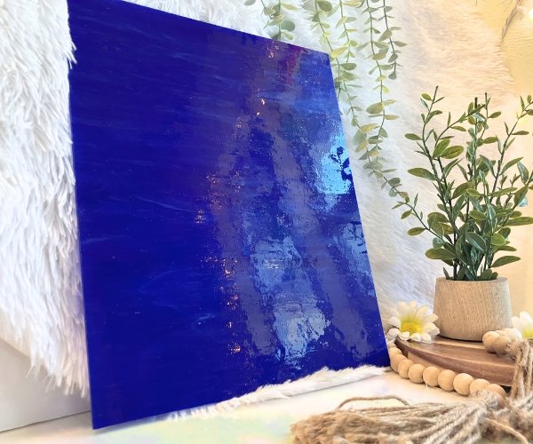 Designer Glass Dark Blue White Wispy Stained Glass Sheet with plant Mountain Woman Products DG1105