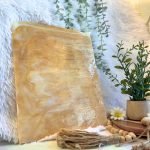 Designer Glass Beige & White Stained Glass Sheet with white background and plant Mountain Woman Products
