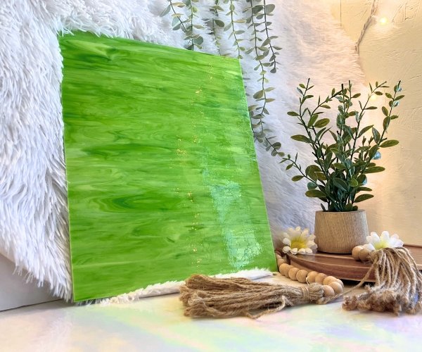 Designer Glass Lime Green & White Stained Glass Sheet with white background and plants Mountain Woman Products