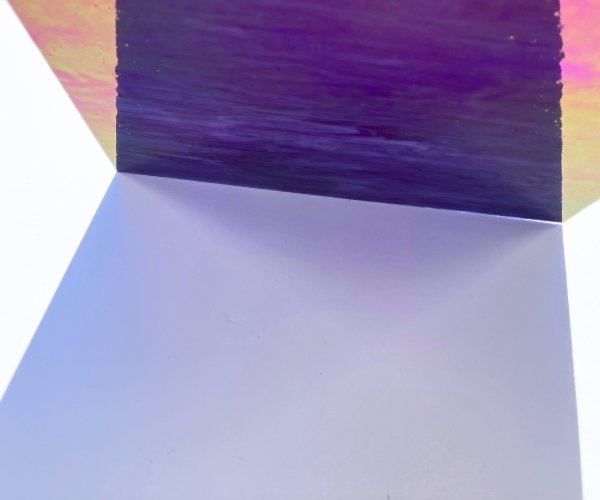 Designer Glass iridized Purple White Clear refraction showing very faint purple color when backlit Mountain Woman Products