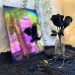 Designer Glass Iridized Purple White Clear Stained Glass with vase of black roses in foreground Mountain Woman Products DG1129