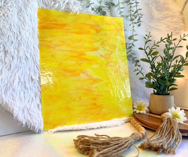 DG1137 Designer Yellow Orange White Opal Stained Glass Sheet with plant and daisies in Mountain Woman Products studio