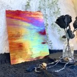 DG1152 Designer Iridized Red Stained Glass Piece with black roses in Mountain Woman Products studio