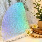 Dichroic Florentine Rainbow 1 Thin on Clear Glass with a plant beads and a fur and iridescent background Mountain Woman Products