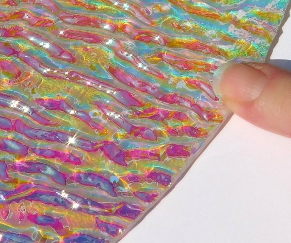 Dichroic Ripple Rainbow 2 on Clear Stained Glass Sheet showing ripple size Mountain Woman Products