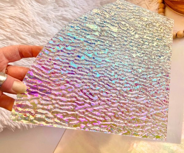 Hand holding Dichroic Ripple Rainbow 2 Iridescent stained glass sheet Mountain Woman Products