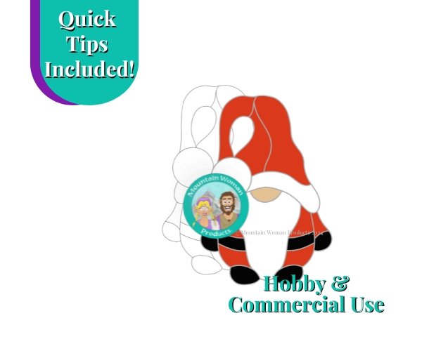 Santa Gnome Stained Glass Pattern Mountain Woman Products Red suit black shoes belt and gloves with red outfit and white beard hobby or commercial use