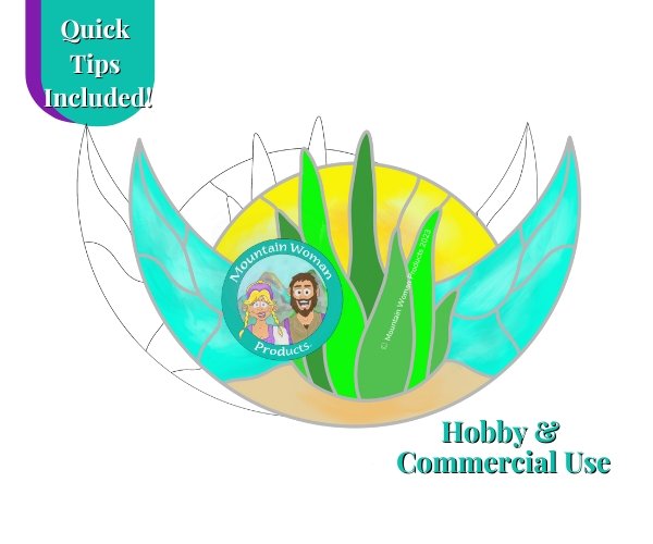 Aloe Crescent Moon Stained Glass pattern with yellow sun aqua moon green plant and beige sand Mountain Woman Products