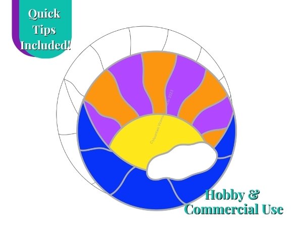 Sun Cloud Moon Stained lGlass Pattern with blue moon yellow sun with purple and orange rays and white cloud Mountain Woman Products