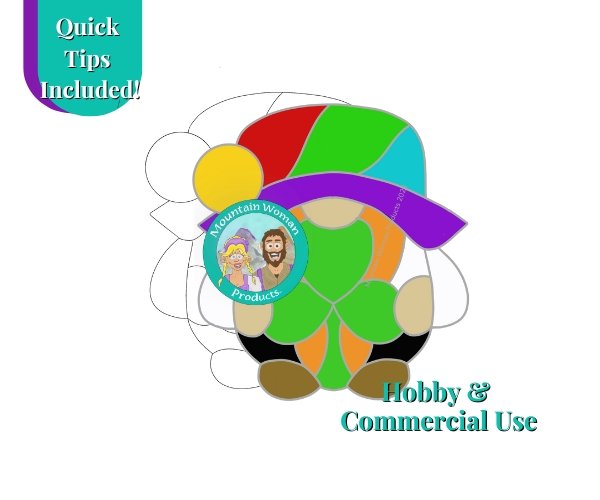Leprechaun Gnome Stained Glass Pattern with rainbow bowler hat with a gold coin and a shamrock for St Patty's Day Mountain Woman Products